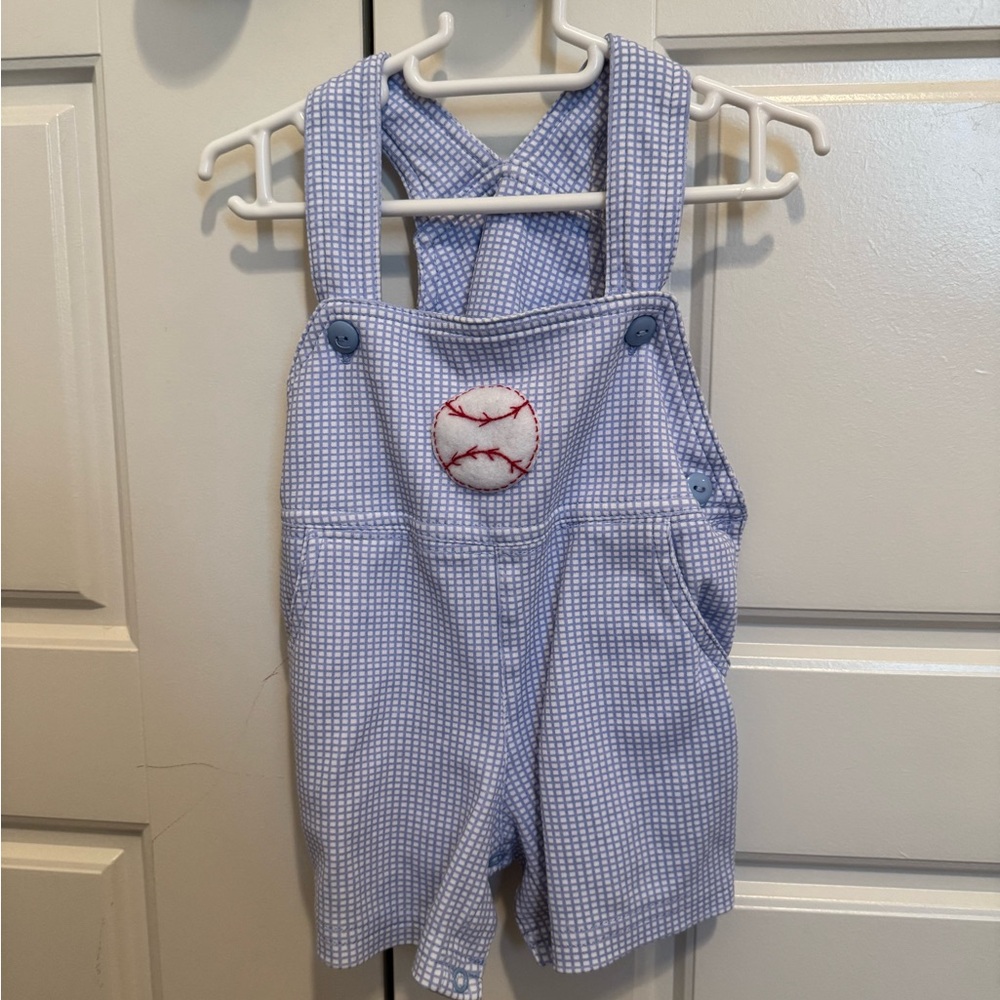 Luigi Blue Gingham Kids Overalls with Baseball Patch